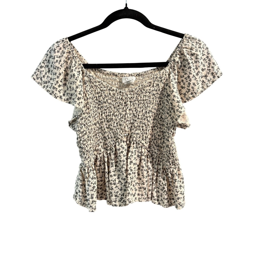 Jopna Cream Black Floral‎ Smocked Peplum Flutter Sleeve Top Medium